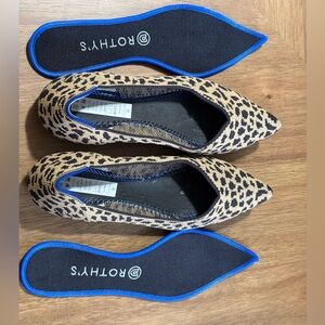Rothy's Tan and Black Patterned Flats with Blue Trim